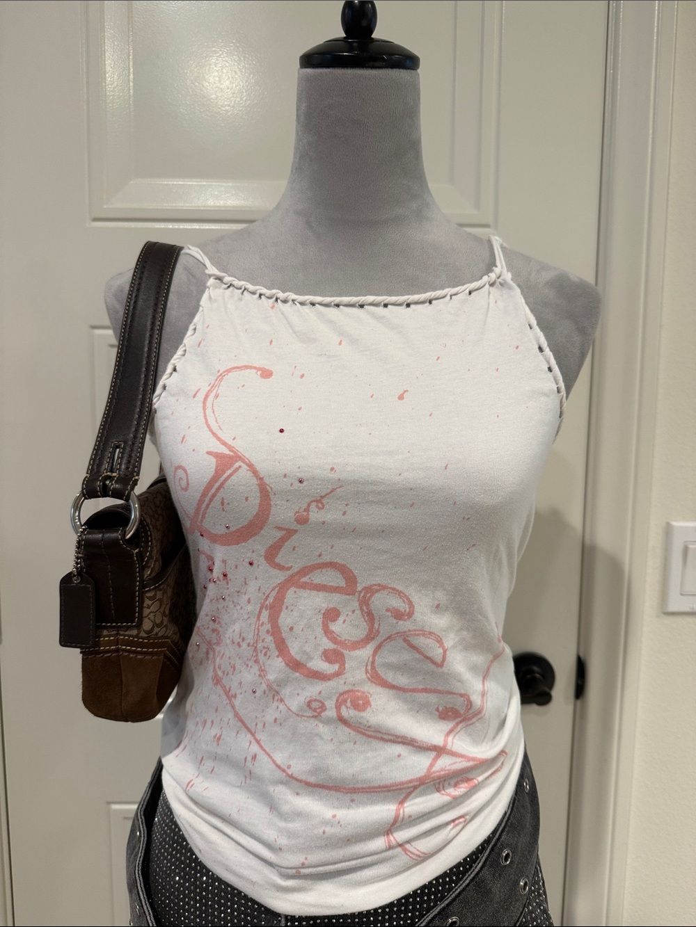 Diesel White Tank Top with Pink Script Logo